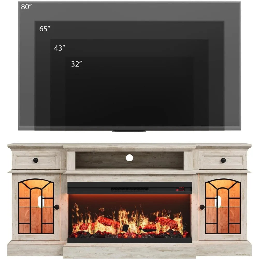 70" Farmhouse Fireplace TV Stand for TVs up to 80", Entertainment Center with 36" 3-Side Glass Electric Fireplace