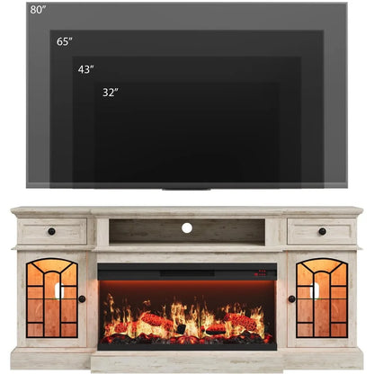 70" Farmhouse Fireplace TV Stand for TVs up to 80", Entertainment Center with 36" 3-Side Glass Electric Fireplace