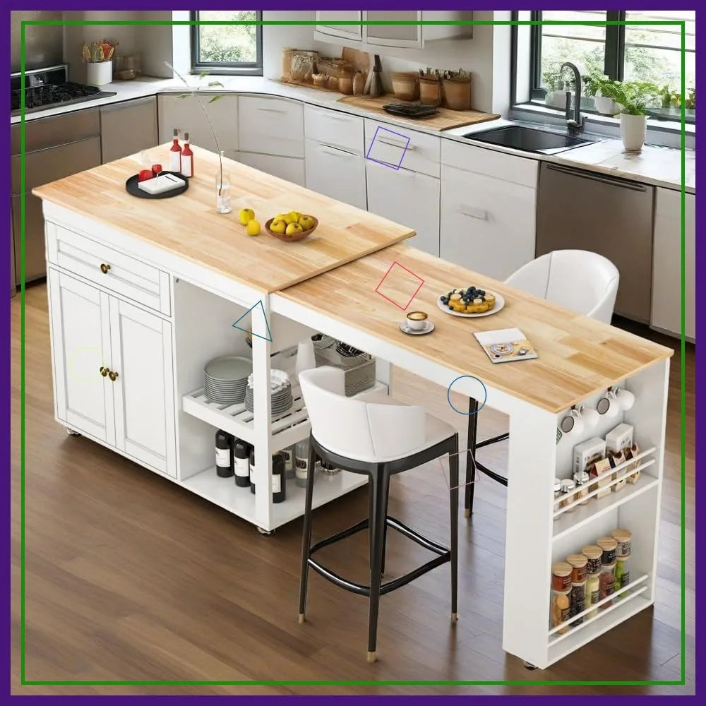 81.5" Extendable Kitchen Island with Dining Table, Rolling Cart with Wheels, Spice Rack, Drawer & Cabinet