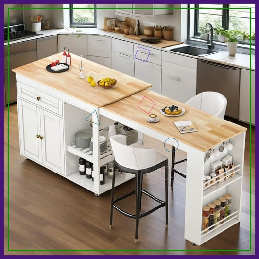 81.5" Extendable Kitchen Island with Dining Table, Rolling Cart with Wheels, Spice Rack, Drawer & Cabinet