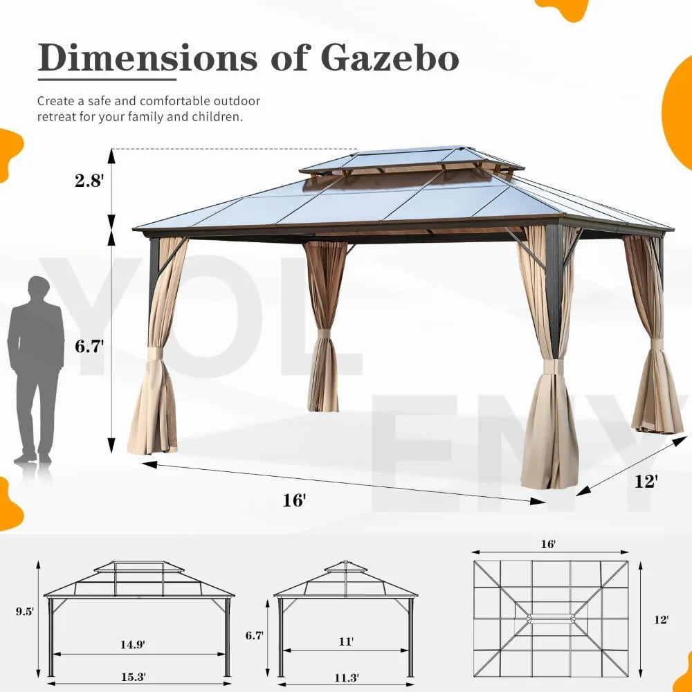 12x16ft Hardtop Gazebo, Double Roof Aluminum Frame with Curtains for Outdoor Patio Cover