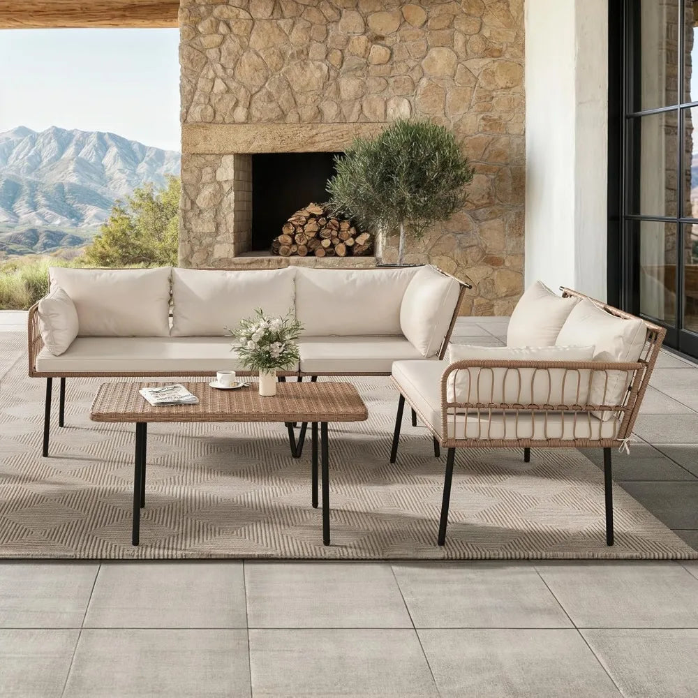 4-Piece Wicker Patio Furniture Set, All Weather PE Rattan, Sectional Sofa with Soft Cushions & Side Table