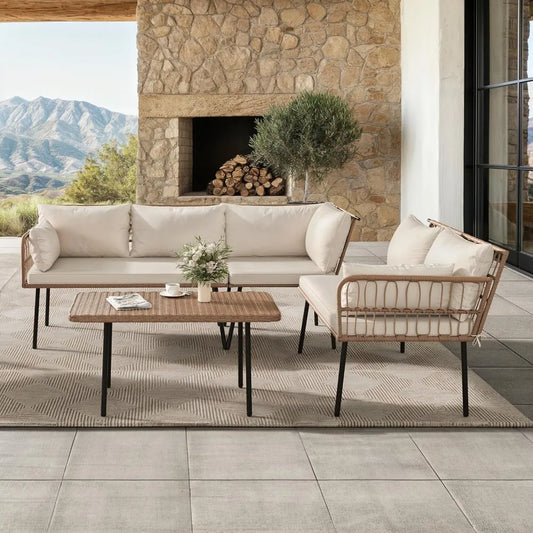 4-Piece Wicker Patio Furniture Set, All Weather PE Rattan, Sectional Sofa with Soft Cushions & Side Table