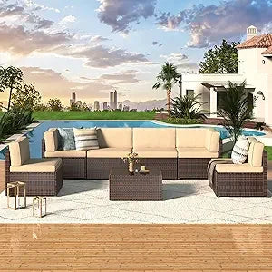 7 Piece Outdoor Patio Furniture Set, PE Rattan Outdoor Wicker Sectional Furniture Chair Set with Cushions and Table