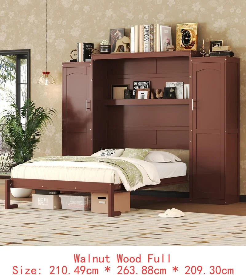 Full Size Murphy Bed with 2 Wardrobes & Storage Shelves, Multifunctional Foldable Platform Bed Frame for Guest Room & Bedroom,