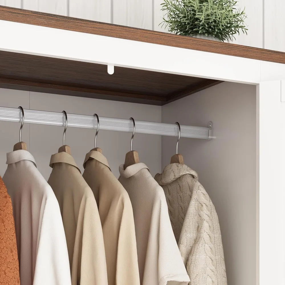 Wardrobe Armoire Closet with Doors and Drawers, Farmhouse Wooden Armoire Storage Cabinet with Shelves & Hanging Rod