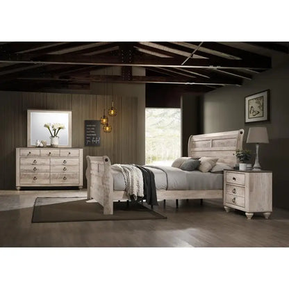 White Wash, Finish Bedroom Set with Queen Sleigh Bed, Dresser, Mirror & 2 Nightstands