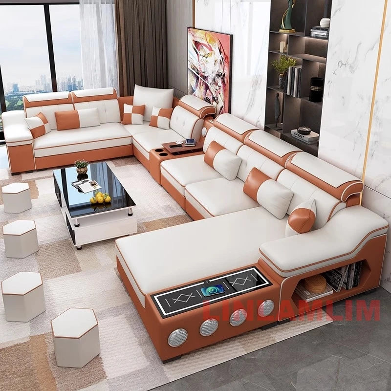 Sectional Sofa Set with Chaise Lounge, Bluetooth Speakers, and USB Charging Ports