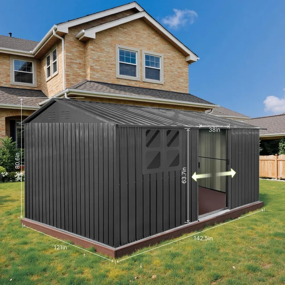 12x10 Ft Storage Shed Outdoor, XL Permanent Steel Building with Window, Sliding Doors and 4 Air Vents for Backyard, Garden, Patio