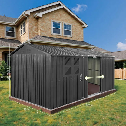 12x10 Ft Storage Shed Outdoor, XL Permanent Steel Building with Window, Sliding Doors and 4 Air Vents for Backyard, Garden, Patio