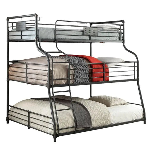 Industrial Style Metal Bunk Bed Twin Over Full Over Queen with Guard Rails and Curved Ladder, Antique Black Finish
