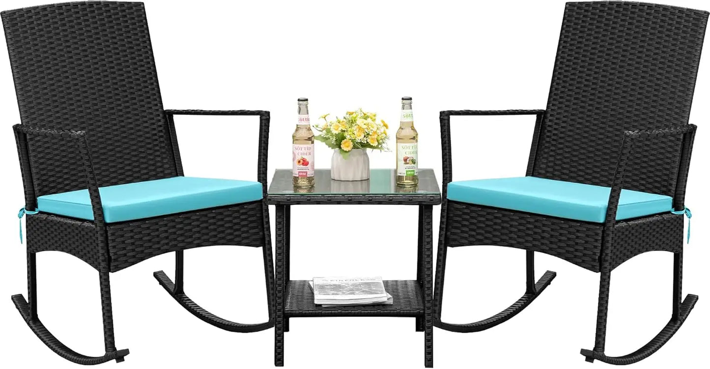 Rocking Chair Outdoor, Glass Table, High Back Porch Rocker for Balcony Garden Backyard (Beige)