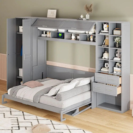 Grey Queen-Size Horizontal Murphy Bed with Desk, Storage Wardrobe, Drawers, and Shelves