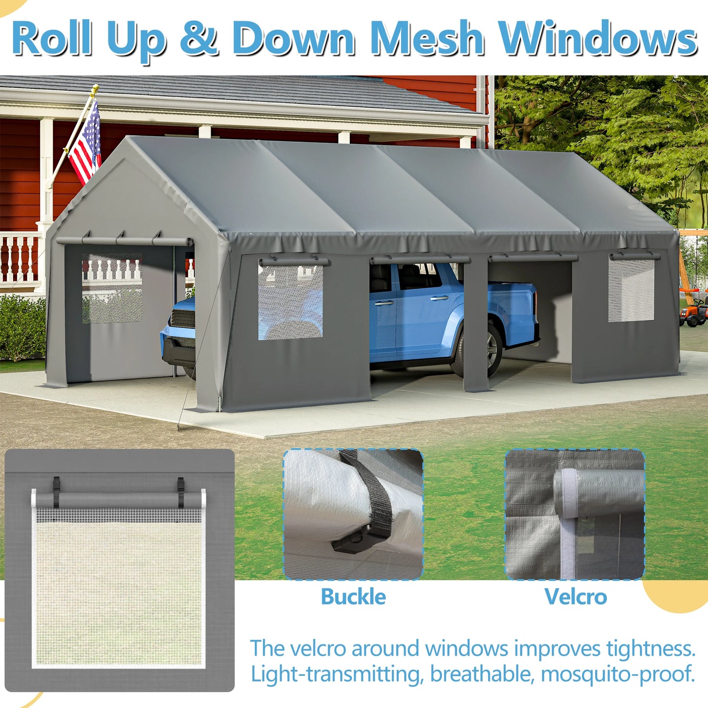 13' x 25' Heavy Duty Carport with Roll-up Sidewall & Ventilated Windows, Galvanized Frame Portable Carport