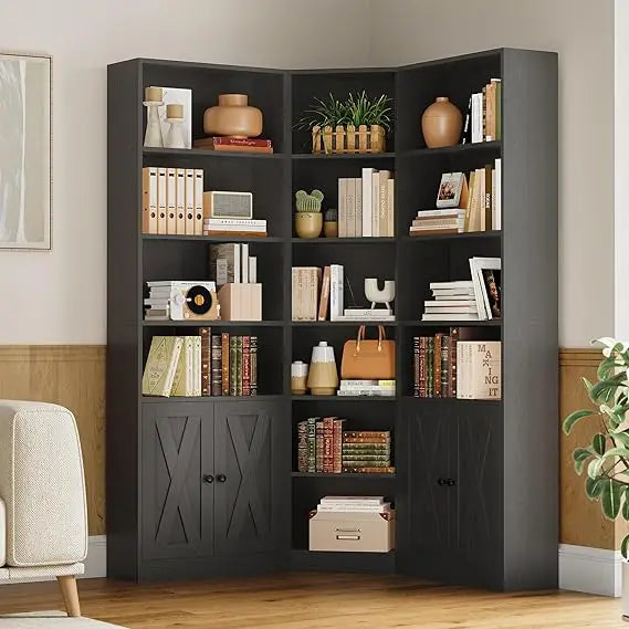 Large Corner Bookshelf with 2 Doors and Storage Cabinets, L-Shaped 7 Tiers Bookcase, 71” Tall
