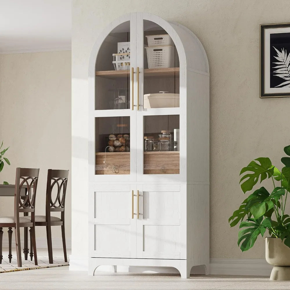 Farmhouse-Style Arched Pantry Cabinet with Glass Doors, Hidden Drawer, and Adjustable Shelves for Kitchen