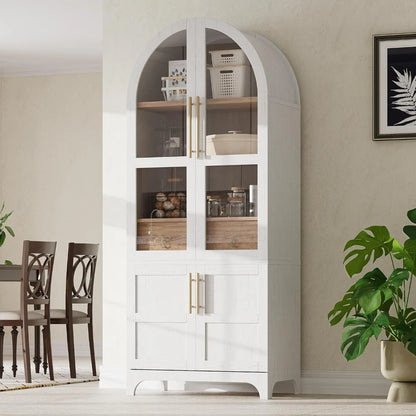 Farmhouse-Style Arched Pantry Cabinet with Glass Doors, Hidden Drawer, and Adjustable Shelves for Kitchen