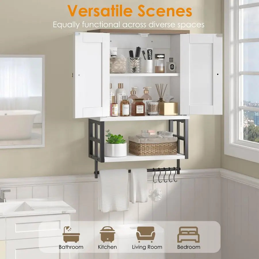 Farmhouse, Medicine Cabinet,  Wall Mounted Storage Organizer with Adjustable Shelves, Towel Bar, 5 Hooks for Small Bathroom,