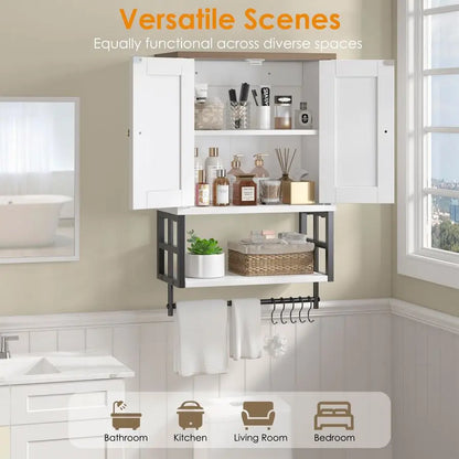 Farmhouse, Medicine Cabinet,  Wall Mounted Storage Organizer with Adjustable Shelves, Towel Bar, 5 Hooks for Small Bathroom,