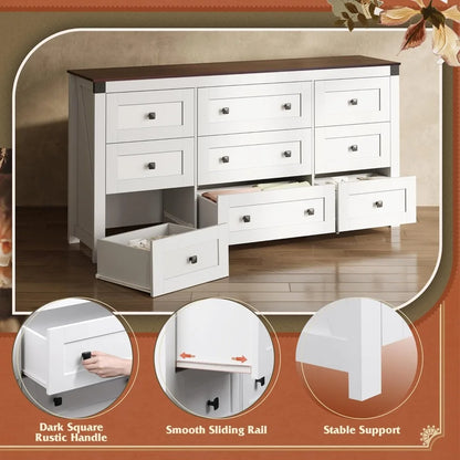 Farmhouse Dresser for Bedroom, 63" Wide 9 Drawer Dresser Storage Organizer, Wood Chest of Drawers, TV Stand