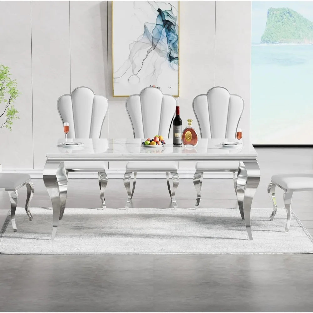 70'' Faux Marble Dining Table with Stainless Steel Legs, Silver and White Dining Room Table for 4-8,