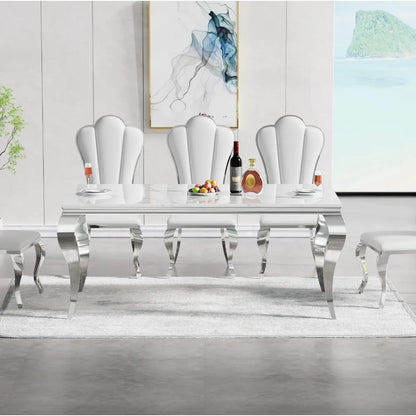 70'' Faux Marble Dining Table with Stainless Steel Legs, Silver and White Dining Room Table for 4-8,
