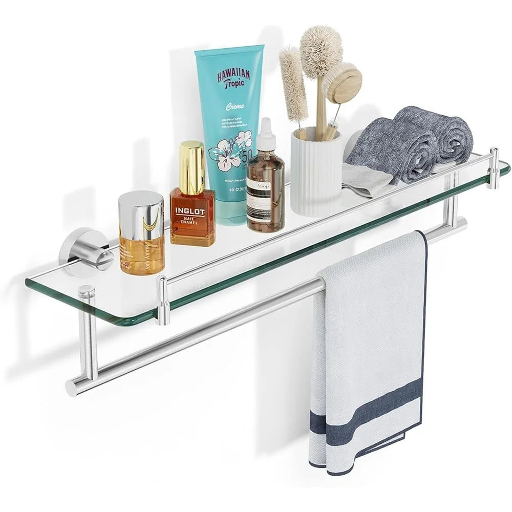 20 Inch Tempered Glass Floating Shelf with Towel Rack
