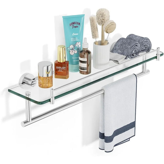 20 Inch Tempered Glass Floating Shelf with Towel Rack