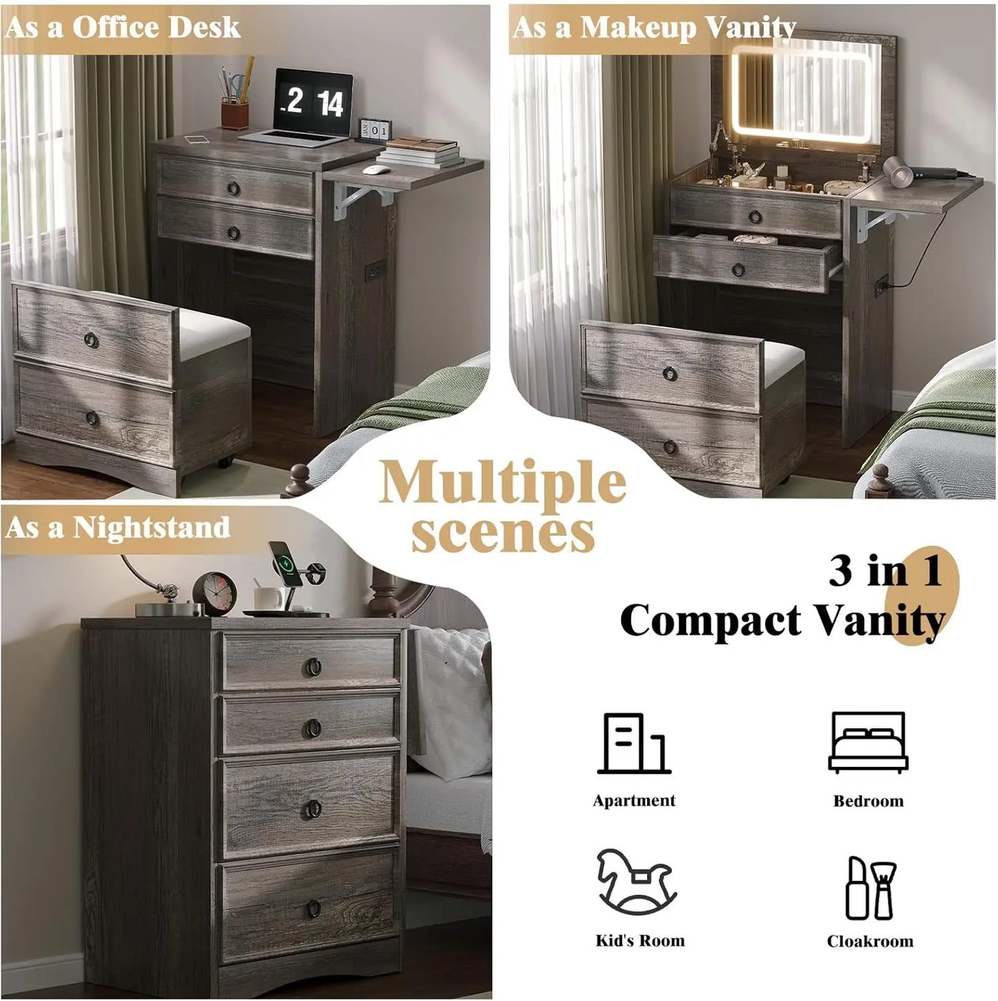 NEW 3-in-1 Vanity Set with LED Lighted Flip Top Mirror, Makeup Table with Fold-Up Panel, Hidden Stool, Charging Station