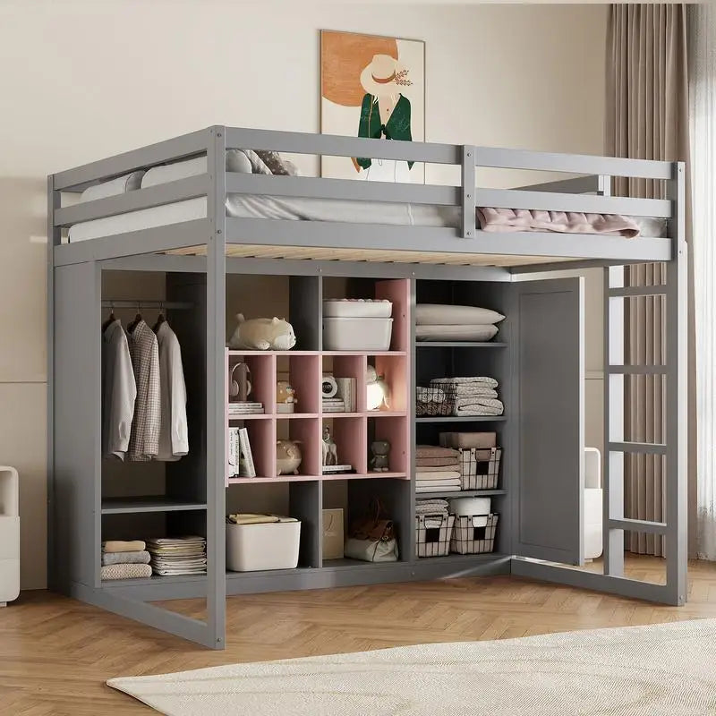 Full-Size Wood Loft Bed with Wardrobe, Shelves, and Storage Cabinet, Gray and Pink