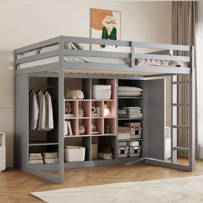Full-Size Wood Loft Bed with Wardrobe, Shelves, and Storage Cabinet, Gray and Pink