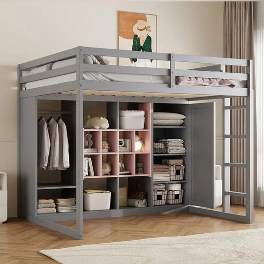 Full-Size Wood Loft Bed with Wardrobe, Shelves, and Storage Cabinet, Gray and Pink