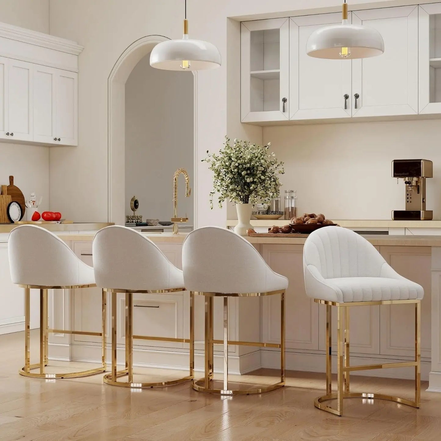 26'' Seat Height Velvet Bar Stools Set of 4, Counter Height, Gold Metal Frame and Footrest, Upholstered Barrel Back