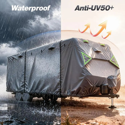 7 Layers Waterproof Camper Cover with Tongue Jack Cover, Windproof Travel Trailer Cover with Gutter Cover, Fit for 27-30ft