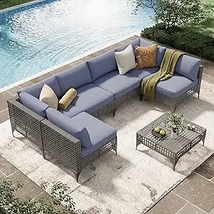 7 Piece Outdoor Patio Furniture Set, PE Rattan Outdoor Wicker Sectional Furniture Chair Set with Cushions and Table