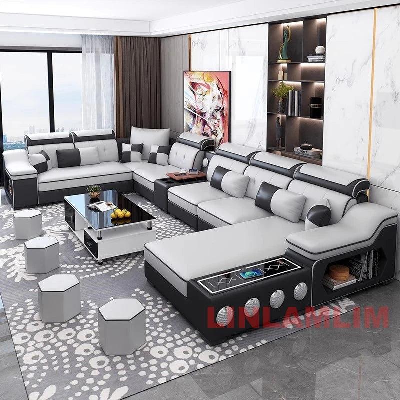 Sectional Sofa Set with Chaise Lounge, Bluetooth Speakers, and USB Charging Ports