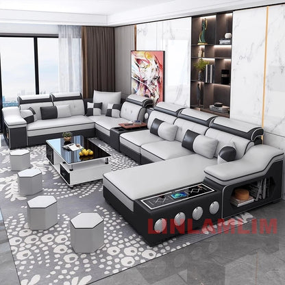Sectional Sofa Set with Chaise Lounge, Bluetooth Speakers, and USB Charging Ports