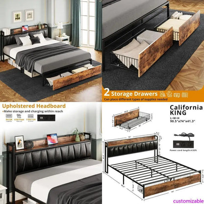 California king platform bed frame with storage headboard drawers included, no box spring required
