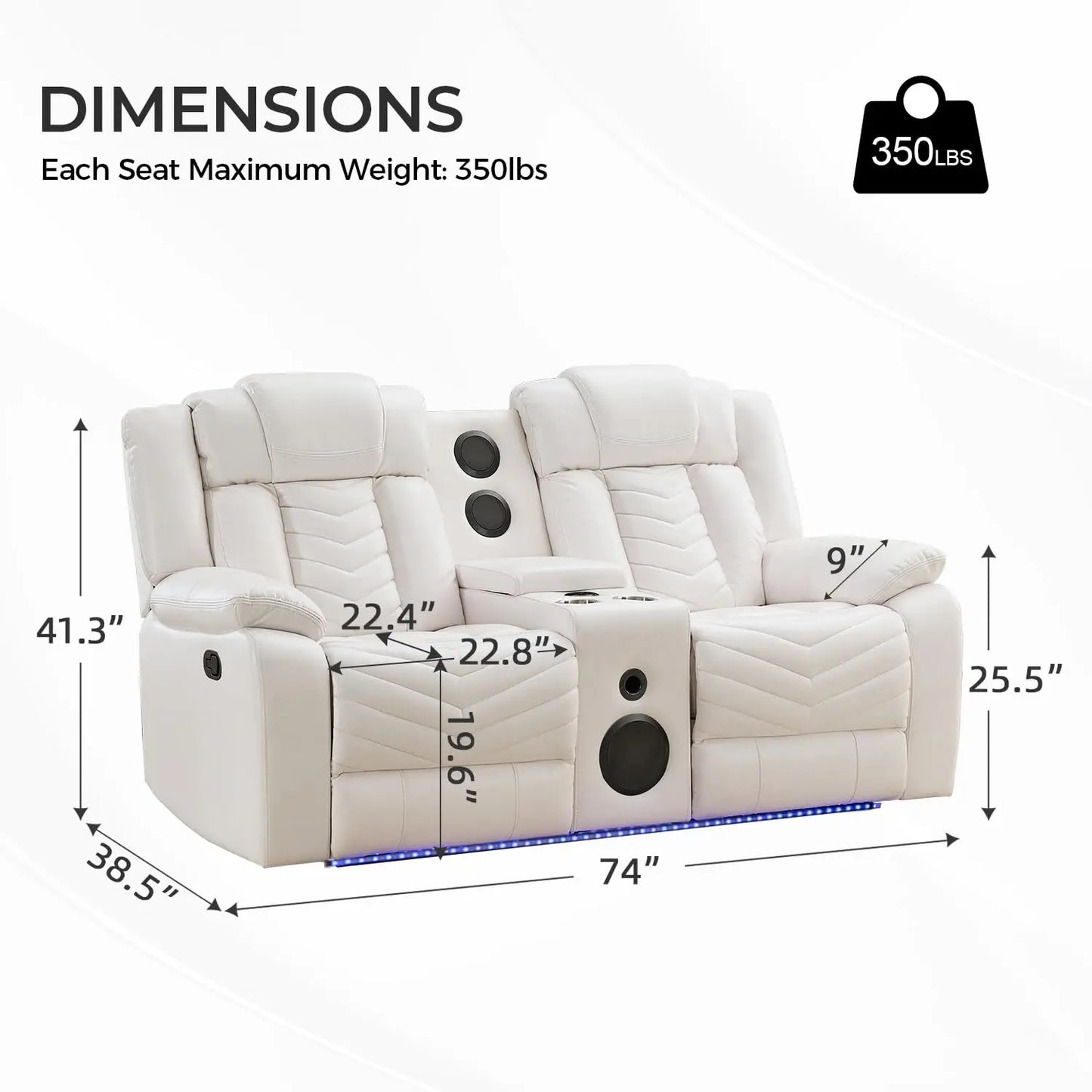 Manual Recliner Loveseat with Bass Speaker, Faux Leather Reclining Love Seat with LED Lights, USB Charger, Cup Holder