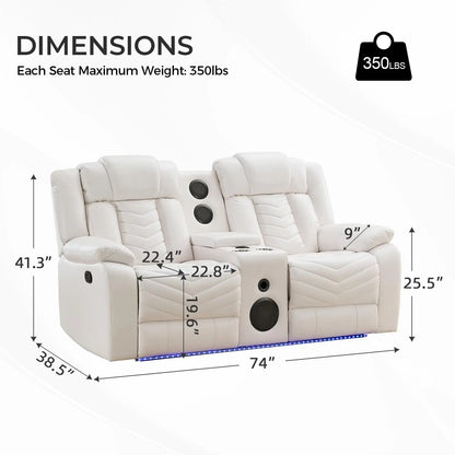 Manual Recliner Loveseat with Bass Speaker, Faux Leather Reclining Love Seat with LED Lights, USB Charger, Cup Holder