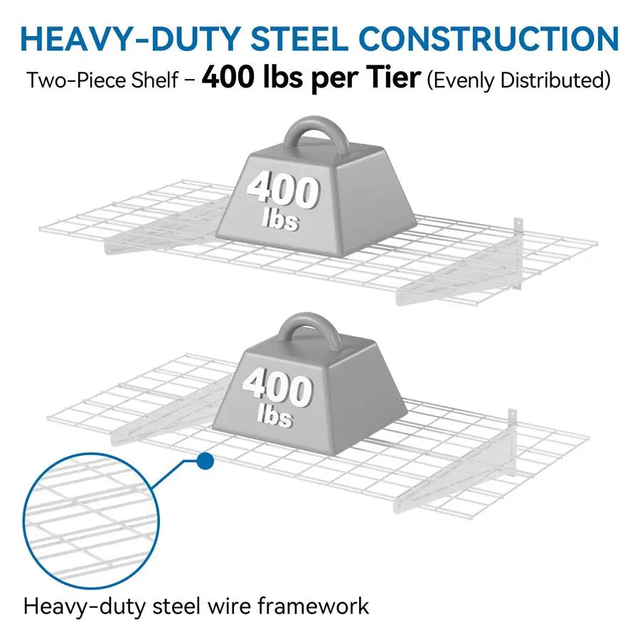 Pack 2x4 ft Garage Wall Shelving,Heavy Duty Storage with Hooks, 800 lbs  Capacity,White Storage Racks