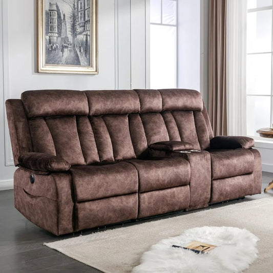 Sofa ,Reclining Couch with Massage, Heat & Cup Holders–Dutch Velvet Power Reclining Sofa with USB/Type-C Ports, S
