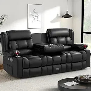 Loveseat, Recliner Sofa, Flip Middle Backrest Design,  with Storage Drawer, USB Ports & Cup Holders, Manual C