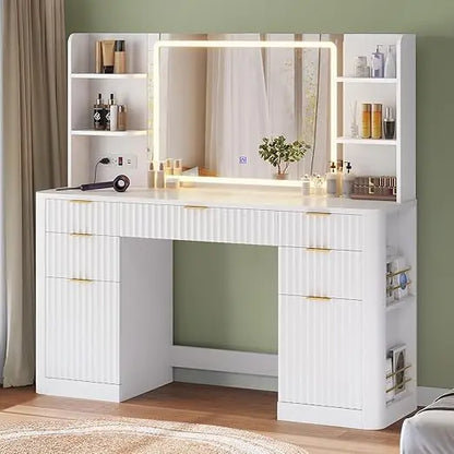 51.2" Fluted Makeup Vanity Desk, 5 Drawer , 6 Open Shelves, Modern Dressing Table-White