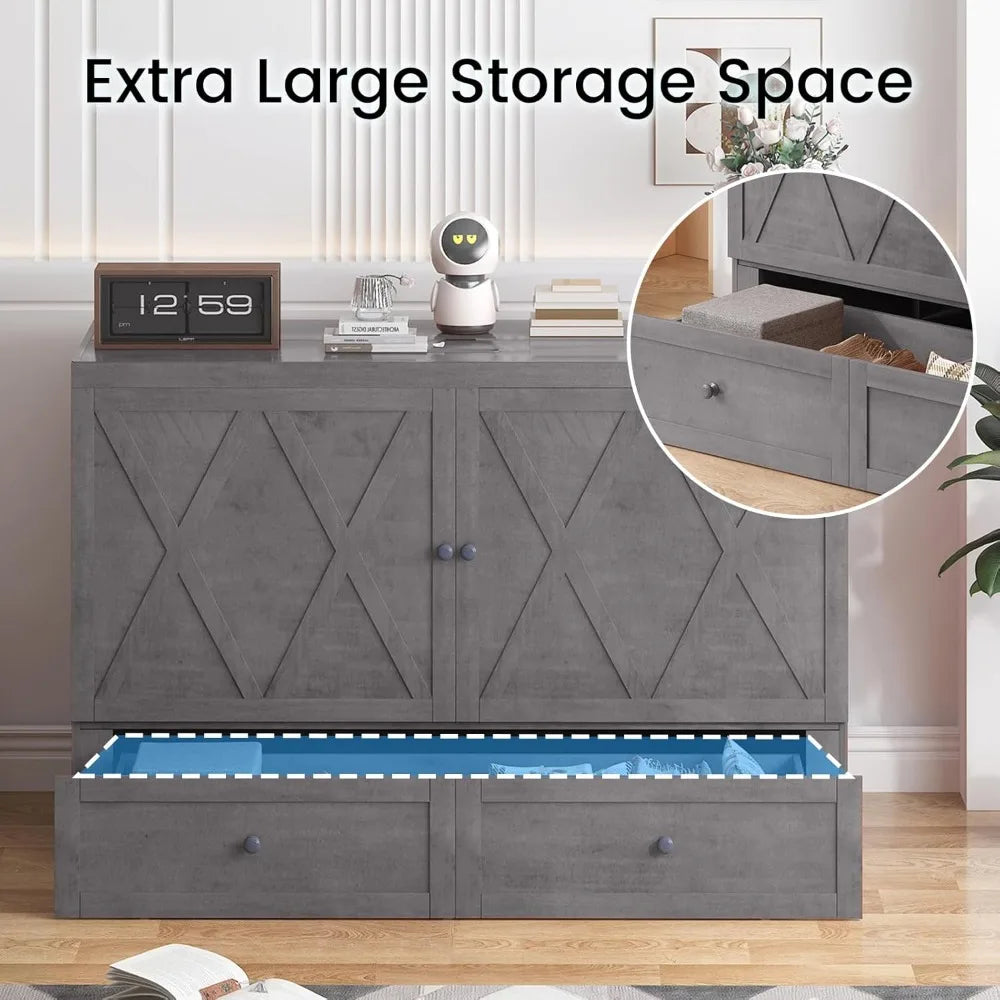 Bed Queen with Tri-Fold Mattress, Murphy Cabinet Bed with USB Charging Station & Large Storage Drawer