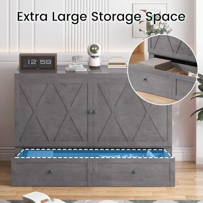 Bed Queen with Tri-Fold Mattress, Murphy Cabinet Bed with USB Charging Station & Large Storage Drawer