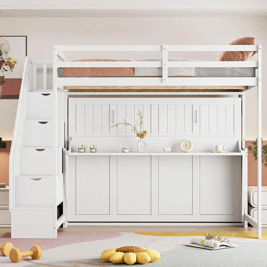 Full Over Full Murphy Bed w/ Hydraulic Lift & Desk Design, White Finish - Space-Saving Solution