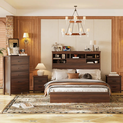 4PCS Bedroom Sets, Wooden Queen Size Bed Frame , 2 Nightstands with 2 Drawers, 1 Dresser with 5 Drawers