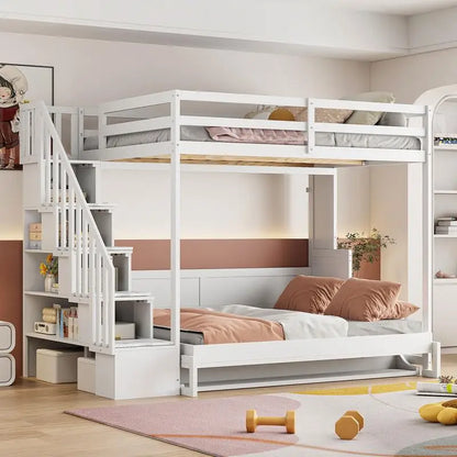 Full Over Full Murphy Bed w/ Hydraulic Lift & Desk Design, White Finish - Space-Saving Solution
