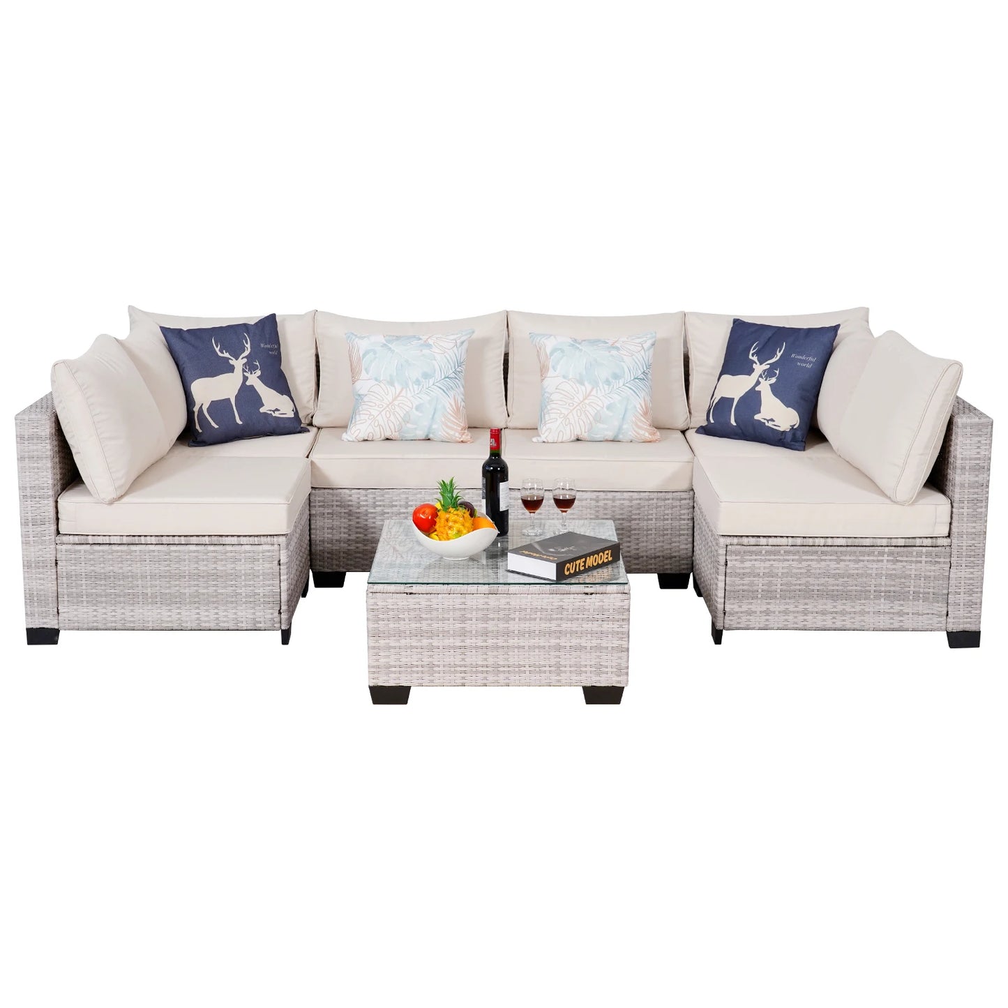 Outdoor Patio Furniture, 7 Piece Outdoor Sectional Sofa , Rattan Wicker Patio Conversation Sets with Thick Cushions